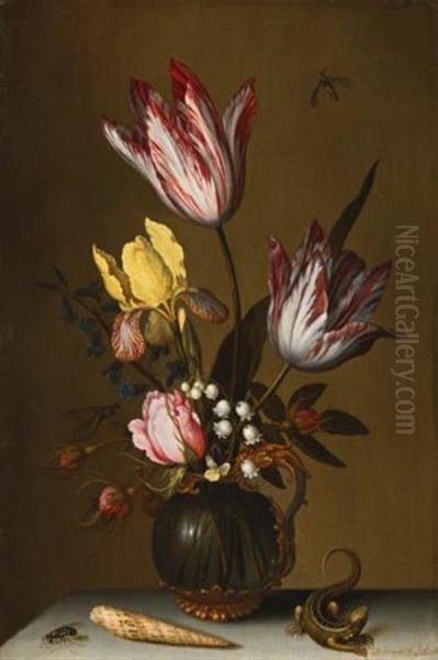 Still Life Of Tulips, Roses, An Iris And Lily Of The Valley In An Ornate Glass Jug On A Stone Ledge With A Lizard And A Shell - view 1