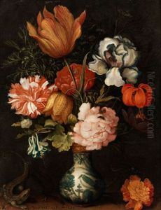 Stilleben Mit Blumenstrauss In Einer Wan-li Vase Mit Einer Eidechse