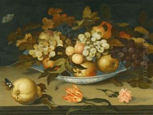 A Still Life With A Delft Bowl Containing Fruit, On A Ledge With Flowers, Insects And A Lizard by Balthasar Van Der Ast