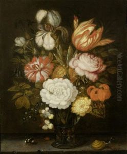 Blumenstrauss In Einem Romer Auf Einer Tischplatte Mit Kleiner Schnecke, Biene Und Marienkafer by Balthasar Van Der Ast