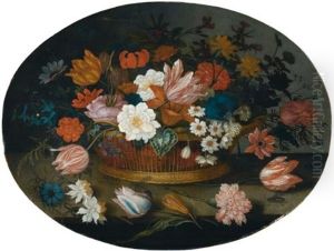 A Still Life Of Tulips, Roses, Narcissi, Daffodils, Hyacinths, Anemones And An Iris In A Basket On A Stone Ledge by Balthasar Van Der Ast