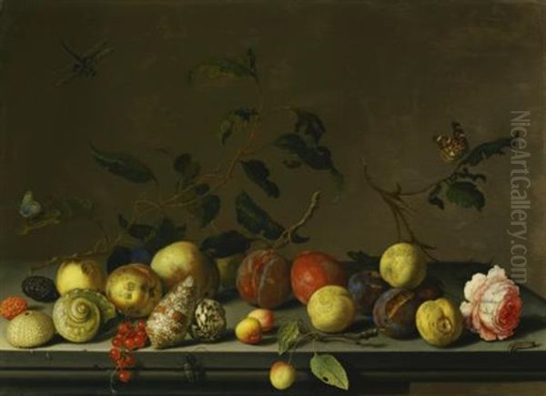 A Still Life Of Fruit And Shells With A Rose And Various Insects Upon A Stone Ledge - view 1