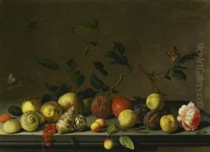 A Still Life Of Fruit And Shells With A Rose And Various Insects Upon A Stone Ledge