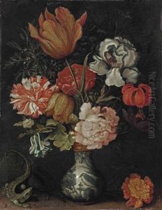 A Tulip, Iris, Rose, Fritillary, Martagon, And Carnation In A Wan-li Vase, On A Ledge With A Lizard And A Dragonfly