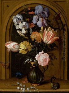 Blumenstilleben In Einer Glasvase Vor Einer Nische Mit Schmetterling, Eidechse, Fliege Und Libelle by Balthasar Van Der Ast