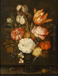 Stilleven Met Rozen, Tulp, Iris En Andere Bloemen In Een Roemer Op Een Stenen Richel Met Een Slak, Een Bij En Een Lieveheersbeestje