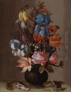 A Still Life Of Tulips, Roses, Irises, Lily-of-the-valley, African Marigolds And Other Flowers In A Gold-mounted Vase, With A Lizard, A Caterpillar And Sea Shells