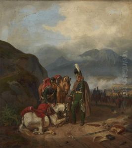 Zwei Bayerische Chevaulegers Bei Einem Verletzten Schimmel by Adam Albrecht