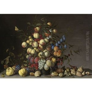 Peaches, Plums, Oranges, Apples, Cherries, Grapes, Red Currants, Black Currants, Crab Apples And Other Fruit In A Pewter Vase, With A Red Admiral, A Dragonfly And Other Insects, With Grapes And Other Fruit, Seashells, A Lizard, A Caterpillar And A Wasp On by Balthasar Van Der Ast