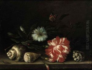 Carnations, Various Other Flowers And A Shell With A Caterpillar On A Stone Ledge, A Butterfly, Dragonflies And A Ladybird Nearby