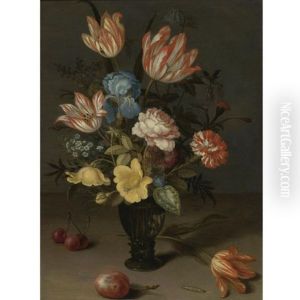 Still Life Of Tulips, Irises, Roses, Forget-me-nots, Chrysanthemums And Hypericum In A Roemer, With Cherries, A Plum, A Tulip And A Caterpillar On A Stone Ledge