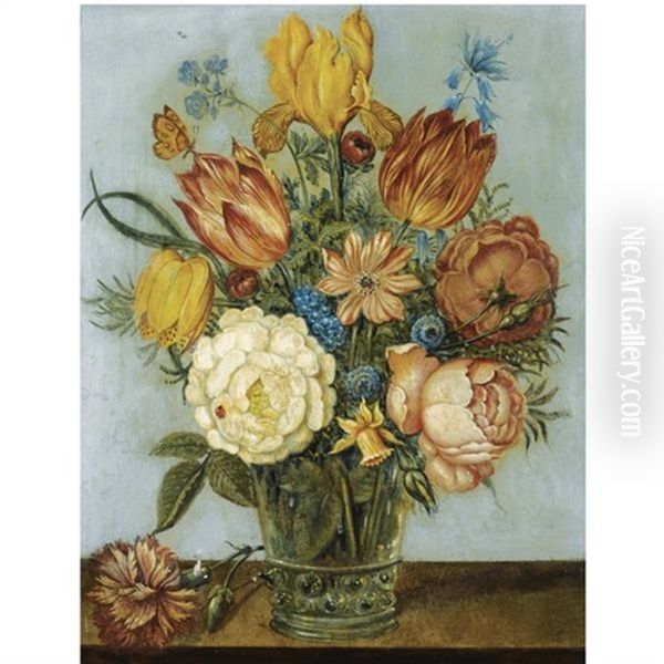 A Still Life With Tulips, Roses, Daffodils, Forget-me-nots And Other Flowers In A Glass Vase On A Wooden Ledge - view 1