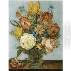 A Still Life With Tulips, Roses, Daffodils, Forget-me-nots And Other Flowers In A Glass Vase On A Wooden Ledge by Balthasar Van Der Ast