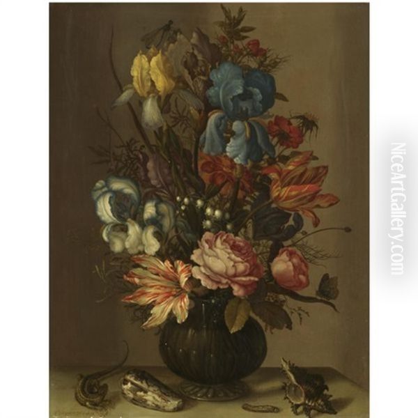 Still Life Of Roses, Tulips, Irises, French Marigold, And Lily Of The Valley In A Glass Vase, On A Ledge, Flanked By Shells, A Lizard And A Caterpillar - view 1