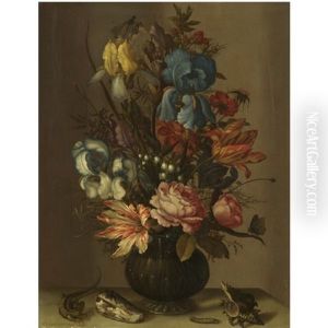Still Life Of Roses, Tulips, Irises, French Marigold, And Lily Of The Valley In A Glass Vase, On A Ledge, Flanked By Shells, A Lizard And A Caterpillar