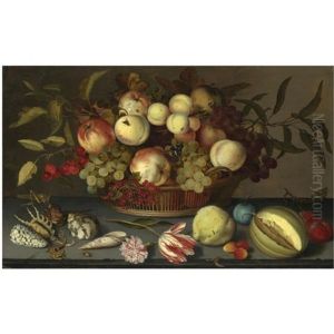 Still Life Of Peaches, Apples, Grapes, Cherries And Redcurrants In A Basket, With Sea-shells, Insects, A Parrot Tulip, A Pink Rose And Further Fruit Scattered On The Stone Ledge Beneath by Balthasar Van Der Ast
