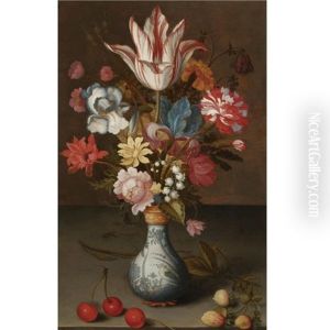 Still Life Of A Semper Augustus Tulip, Irises, A Carnation And Other Flowers In A Wan-li Vase, Resting On A Table With Cherries And Berries