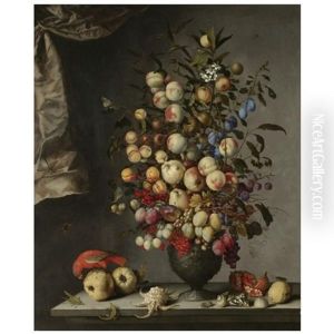 A Still Life With Sprays Of Apples, Peaches, Pears, Apricots, Plums, Greengages, Lemons, Redcurrants, Grapes And Other Fruit Arranged In A Decorated Basalt Urn...