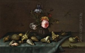 Ein Stilleben Mit Muscheln Und Blumen: Iris, Zyklamen, Ringelblume Und Anderen Bluten In Einer Irdenen Vase Sowie Einer Eidechse, Einer Libelle Und Einer Spinne