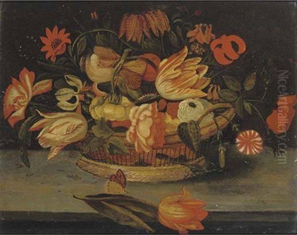 Roses, Tulips, Fritillaries And Other Flowers In A Basket On A Ledge - view 1