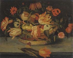 Roses, Tulips, Fritillaries And Other Flowers In A Basket On A Ledge