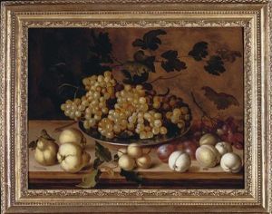 Still Life Of Pears, Peaches, Plums And Apricots Together With Grapes In A Pewter Dish On A Wooden Ledge by Balthasar Van Der Ast
