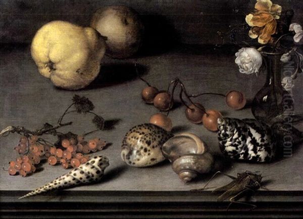 Nature Morte Aux Coquillages, Coings. Vase De Fleurs, Groseilles, Cerises Et Sauterelle Sur Un Entablement - view 1