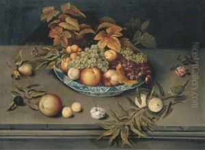 Grapes, Peaches, Apples And Apricots In A Porcelain Bowl On A Ledge With Carnations, A Blue Tit And A Red Admiral Butterfly by Balthasar Van Der Ast