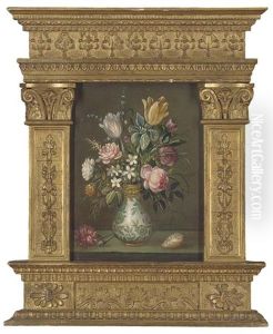 Roses, Carnations And Other Flowers In A Vase With A Shell On A Stone Ledge, Within A Gilded Tabernacle Style Frame Roses, Carnations And Other Flowers In A Vase With A Shell On A Stone Ledge, Within A Gilded Tabernacle Style Frame