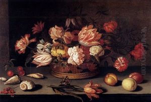 Nature Morte Au Panier De Fleurs, Fruits, Coquillages Et Papillon Sur Un Entablement by Balthasar Van Der Ast
