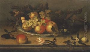 Pommes Et Raisins Dans Un Plat En Delft, Fleurs Et Fruits Sur Un Entablement En Pierre