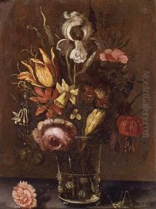 Still Life With An Iris, A Tulip, A Rose And Other Flowers In A Glass Vase, Resting On A Ledge With A Grasshopper