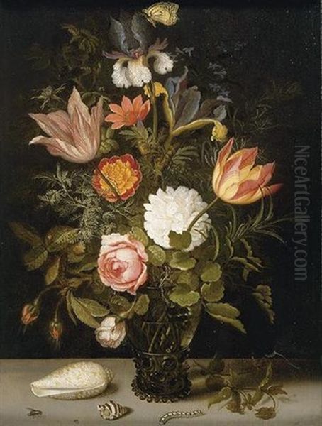 Still Life Of Roses And Tulips, Irises, An African Marigold And Other Flowers In A Roemer Resting On A Ledge With Two Shells, A Butterfly And Other Insects - view 1