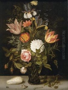 Still Life Of Roses And Tulips, Irises, An African Marigold And Other Flowers In A Roemer Resting On A Ledge With Two Shells, A Butterfly And Other Insects by Balthasar Van Der Ast