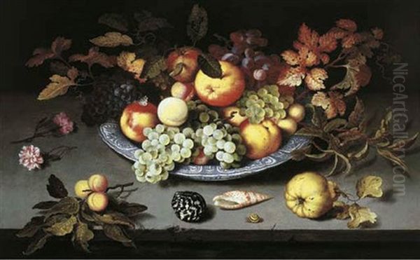 Fruit In A Wan-li Kraak Porcelain Dish With Shells On A Stone Ledge - view 1