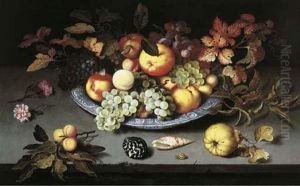 Fruit In A Wan-li Kraak Porcelain Dish With Shells On A Stone Ledge