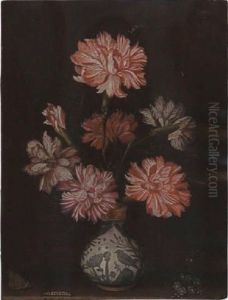 A Still Life Of Carnations And Rosemary In A Wan-li Vase, With A Dragonfly, All On A Ledge Together With A Blue Butterfly