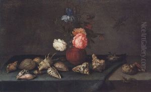 Still Life Of Roses, An Iris And Fritillaries In An Earthenware Vase, With Assorted Shells, A Dragonfly And A Lizard Upon A Table by Balthasar Van Der Ast