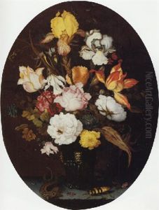 A Still Life Of Roses, Irises, Tulips, Narcissi And Other Flowers, In A Glass Vase With Gilt Mounts, Set On A Ledge, Flanked By A Lizard And Large Bug by Balthasar Van Der Ast