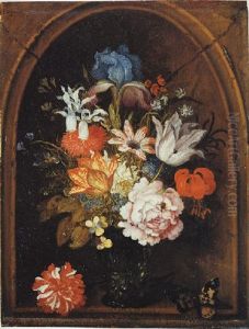 A Still Life Of Tulips, A Rose, An Iris, A Fuchsia, Forget-me-nots And Other Flowers In A Berkemeijer Glass, Set In A Niche