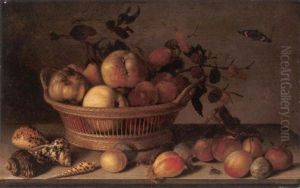 Apples, Pears And A Branch Of Mulberries In A Basket, With Plums, Shells, A Wasp, A Red Admiral And Other Insects On A Ledge by Balthasar Van Der Ast