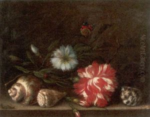 Blumenstilleben Mit Muscheln, Einem Schmetterling Und Raupe