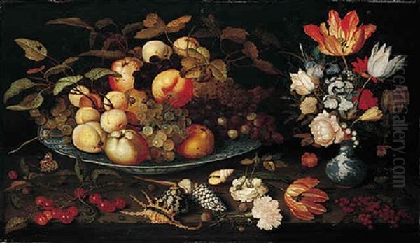 A Still Life Of Apples, Grapes, And Peaches In A Blue And White Porcelain Bowl, A Bouquet Of Tulips, Roses, Irises And Other Flowers In A Vase - view 1