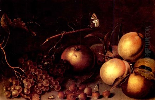 Peaches, An Orange, An Apple, Grapes, And Nuts With Insects On A Stone Ledge - view 1