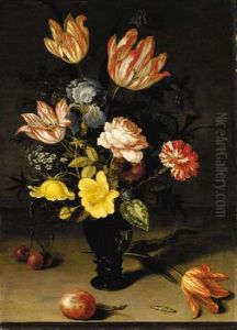 Tulips, Irises, Roses, Forget-me-nots, Chrysanthemums And Hypericum In A Roemer, With Cherries, A Plum, A Tulip And A Caterpillar On A Stone Ledge