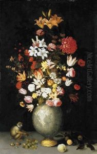 Lilies, Roses, Irises, Tulips And Other Flowers In A Chinese Vase, With A Squirrel Monkey, Apricots, Grapes, Walnuts And A Plum On A Stone Ledge