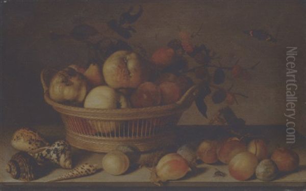 Apples, Pears, A Branch Of Mulberries In A Basket, With Plums, Shells, A Wasp, A Red Admiral And Other Insects On A Ledge - view 1