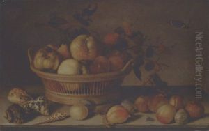 Apples, Pears, A Branch Of Mulberries In A Basket, With Plums, Shells, A Wasp, A Red Admiral And Other Insects On A Ledge by Balthasar Van Der Ast