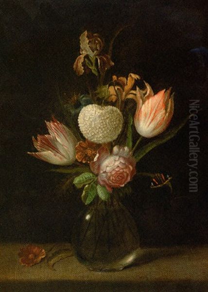 Parrot Tulips, A Chrysanthemum, A Rose, An Iris And Other Flowers In A Glass Vase With A Butterfly On A Ledge - view 1