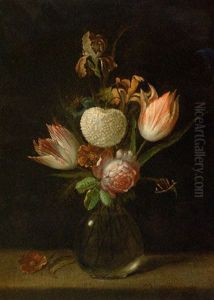 Parrot Tulips, A Chrysanthemum, A Rose, An Iris And Other Flowers In A Glass Vase With A Butterfly On A Ledge by Balthasar Van Der Ast